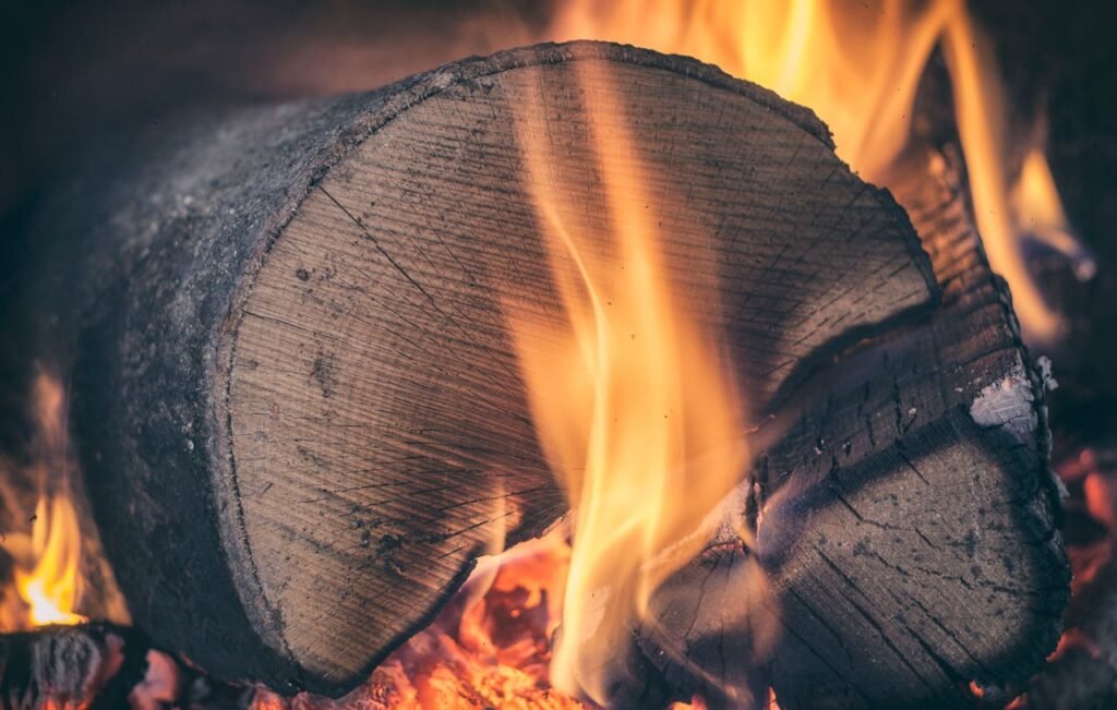 pexels-photo-221169 A macro shot of a burning log with visible flames and embers, embodying warmth.